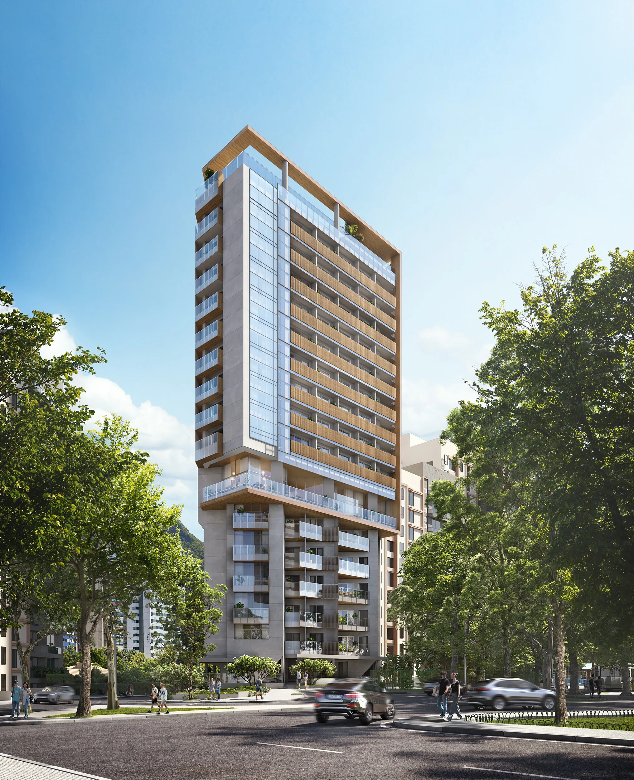 First Humaitá — vue depuis la rue de la façade sur le Largo dos Leões, encadrée par les arbres de la place