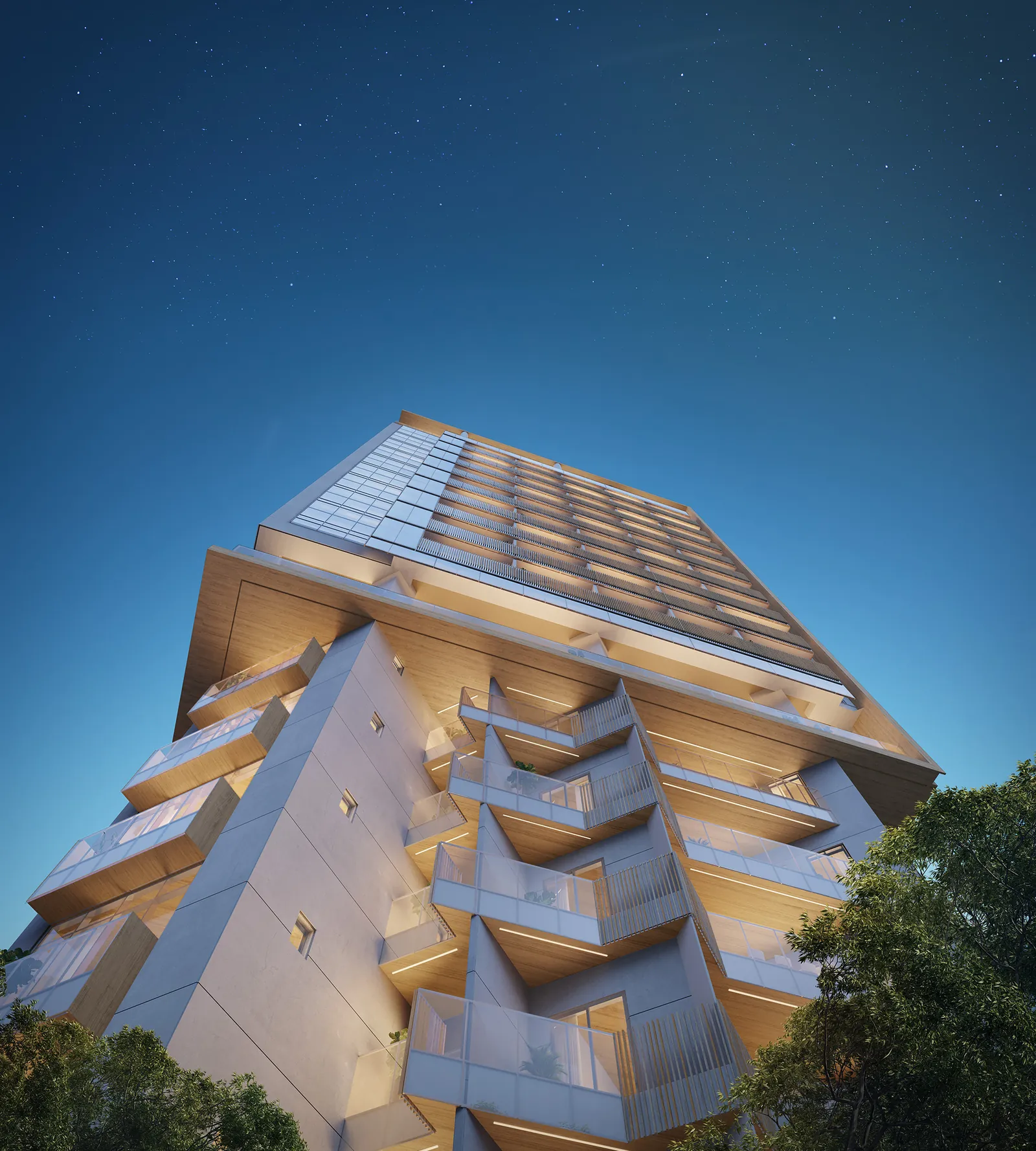 Détail des balcons illuminés de la façade de First Humaitá la nuit