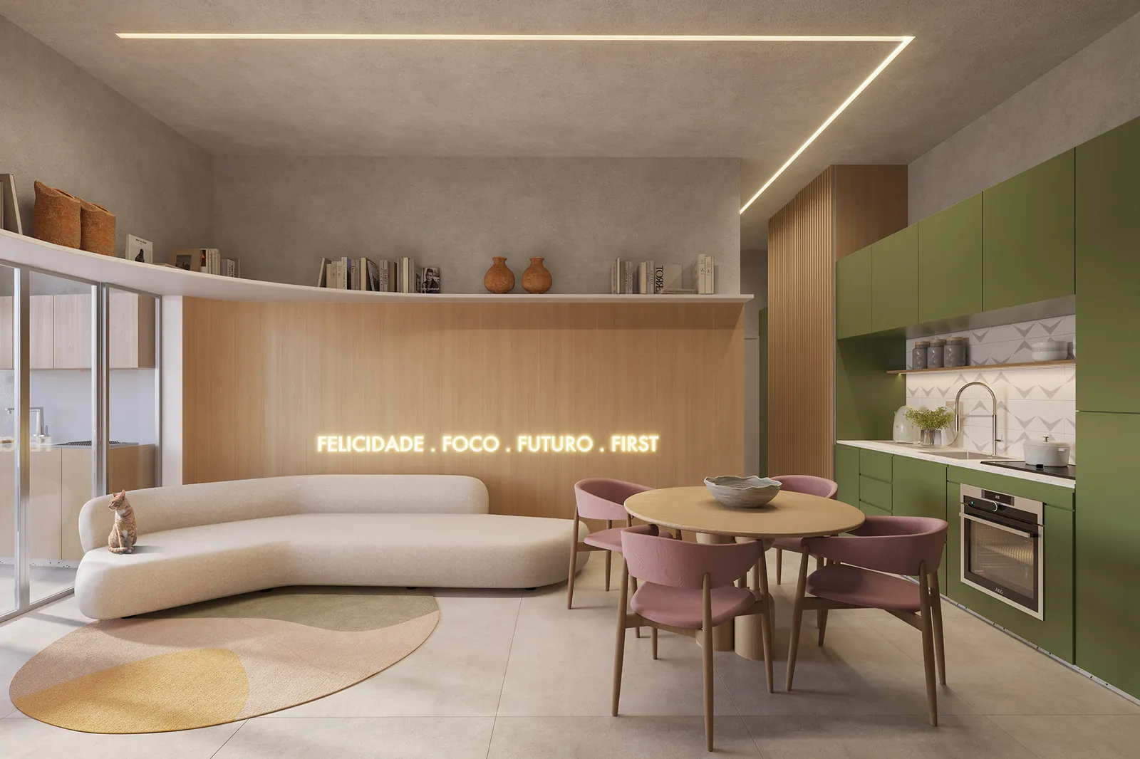 Séjour et cuisine ouverts dans un appartement First Humaitá