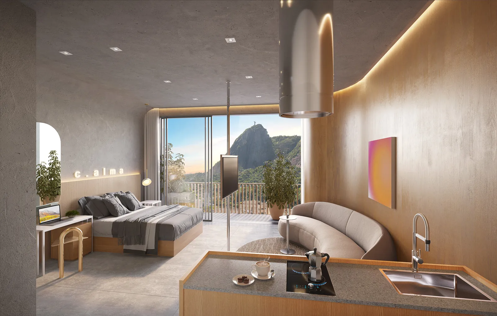 Intérieur d'un studio First Humaitá avec vue sur le Pain de Sucre