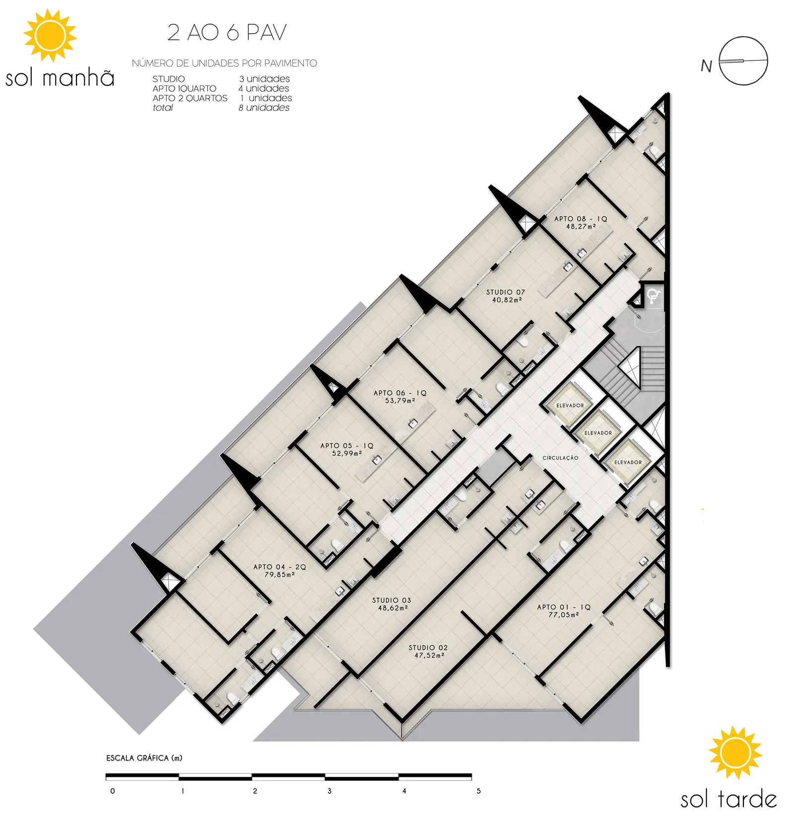 First Humaitá — plan d'étage courant de la zone basse, 8 lots par niveau