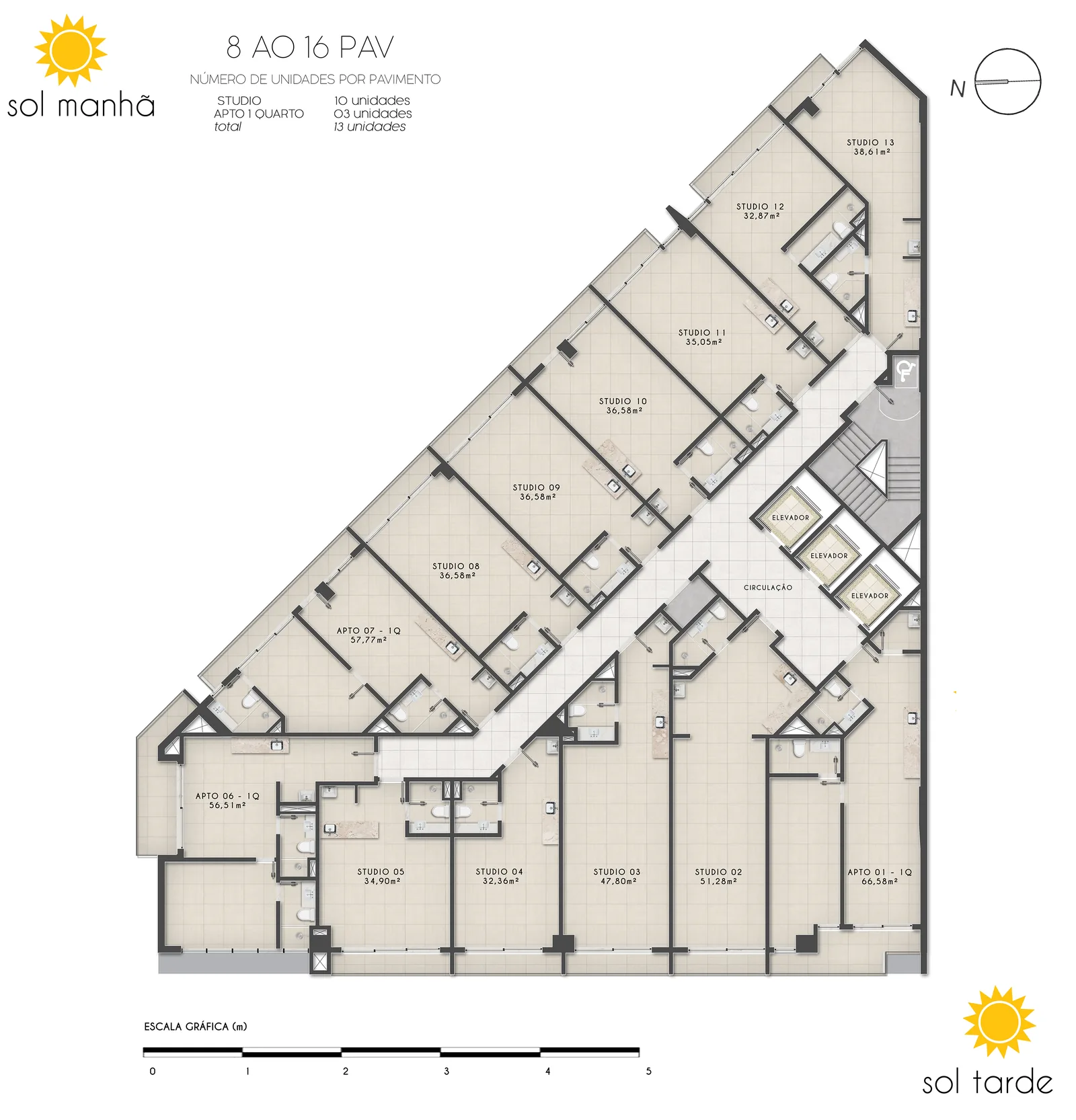 First Humaitá — plan d'étage courant de la zone haute, 13 lots par niveau