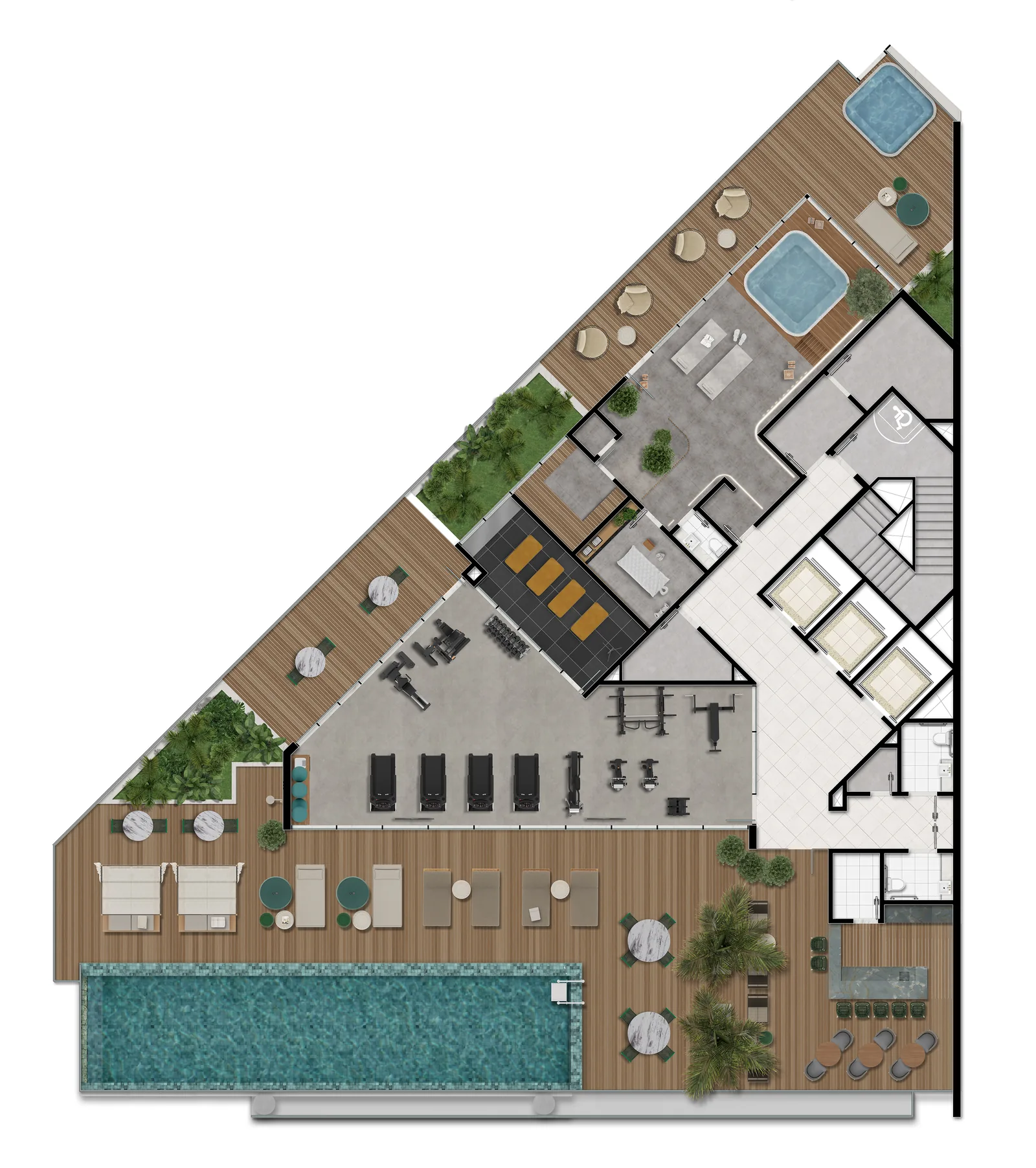 First Humaitá — plan du rooftop, 17e étage, avec piscine, salle de sport et spa