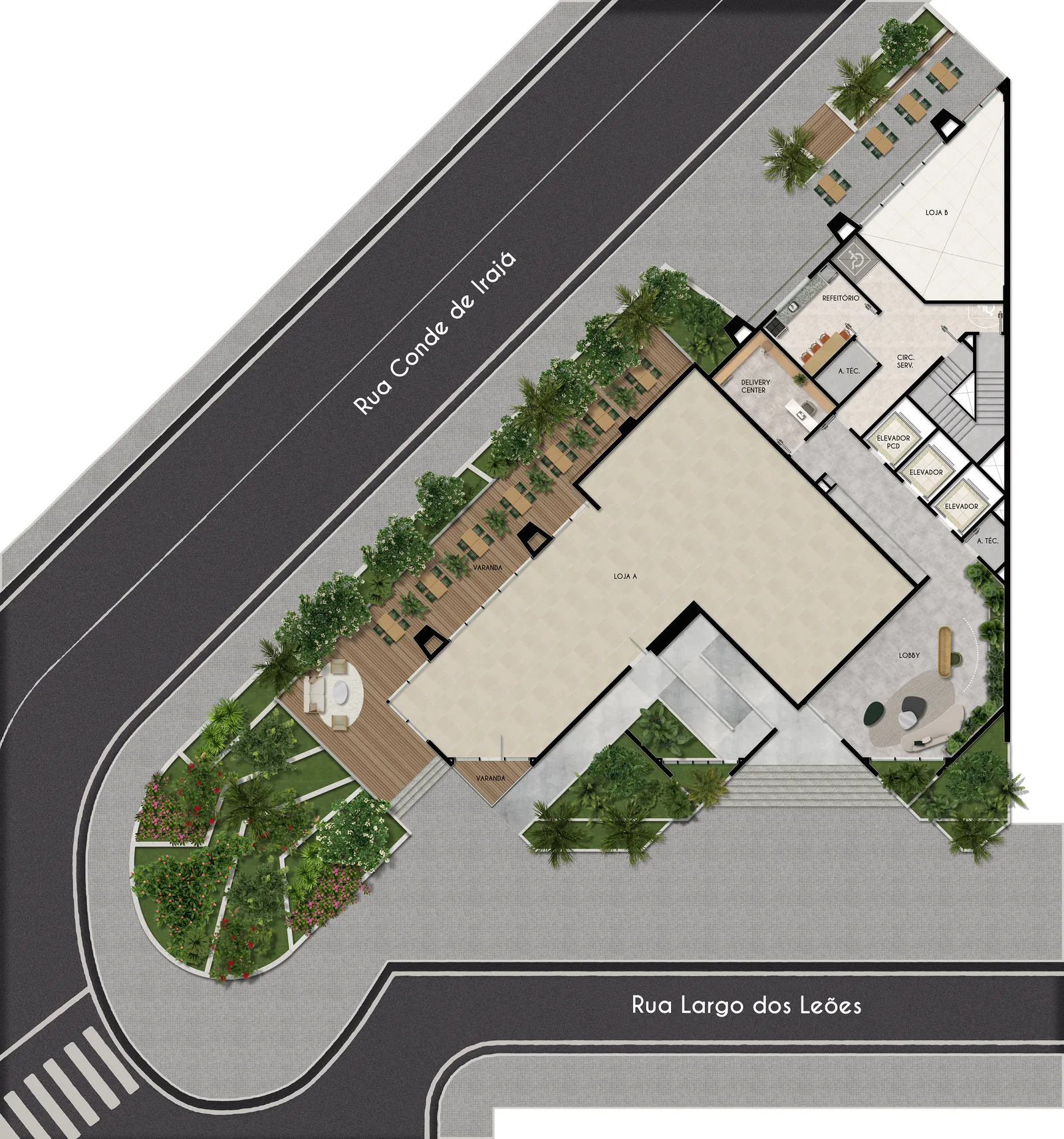 First Humaitá — plan masse du rez-de-chaussée avec lobby, delivery center et deux commerces