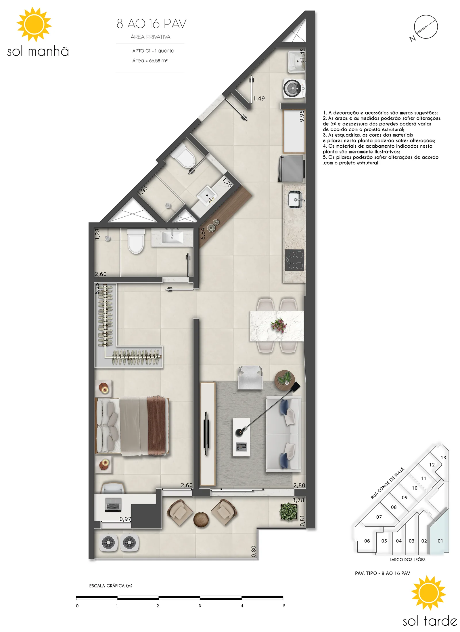 First Humaitá zone haute — lot 01 plan, 66,58 mètres carrés