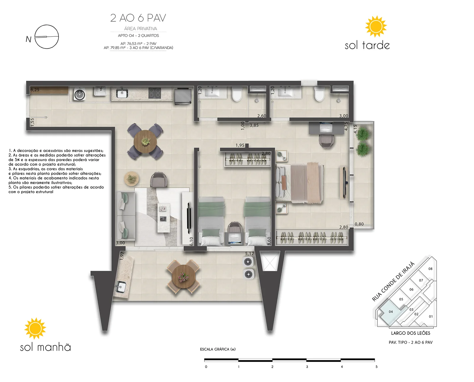 First Humaitá zone basse — lot 04 plan, deux chambres, jusqu'à 79,85 mètres carrés