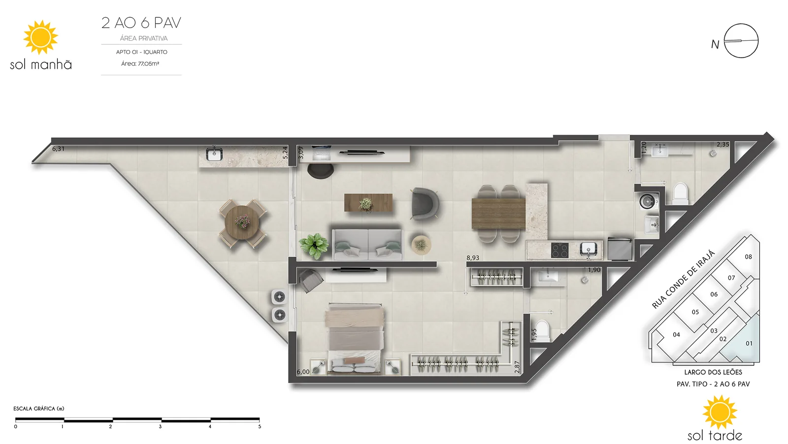 First Humaitá zone basse — lot 01 plan, 77,05 mètres carrés