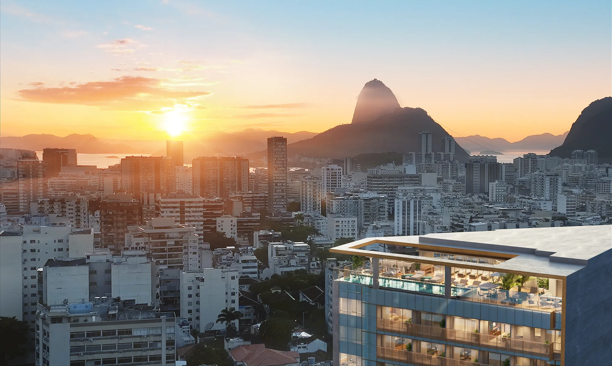 Panorama au coucher du soleil depuis le rooftop de First Humaitá sur Humaitá vers le Pain de Sucre