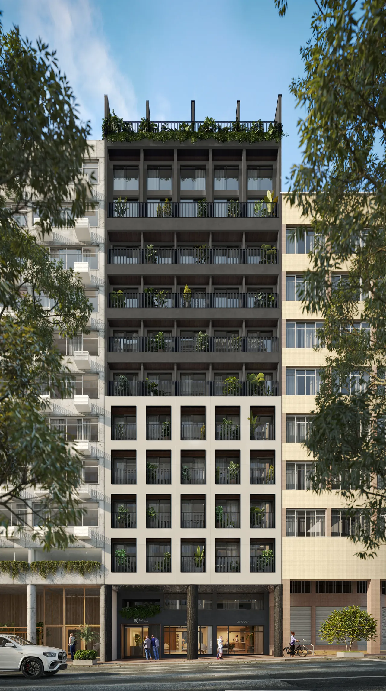 Front façade of Parque Studios in Ipanema