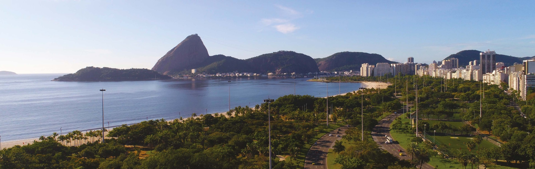 Aerial view of Aterro do Flamengo with Guanabara Bay and Sugarloaf Mountain