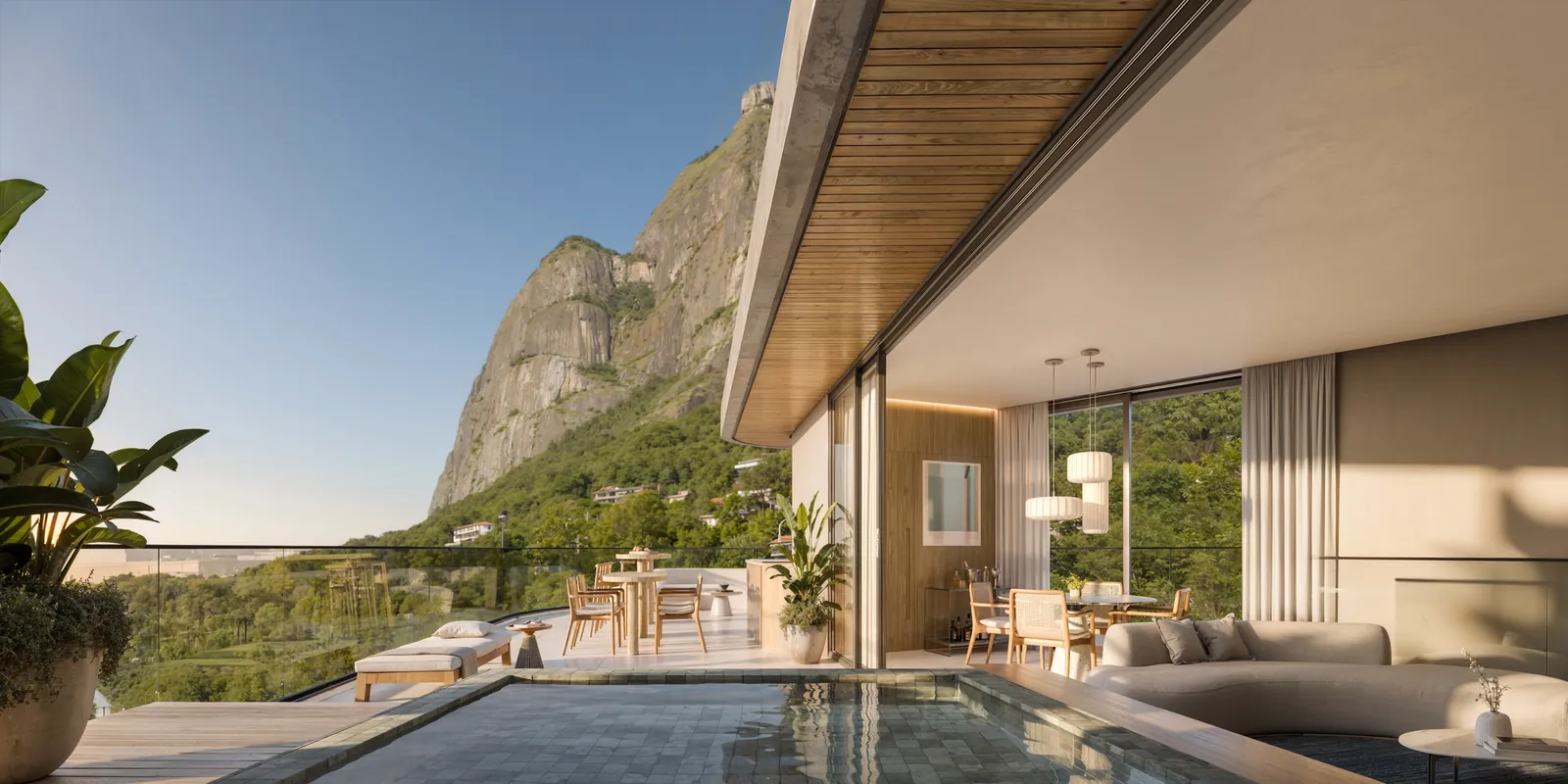 Piscina privada y terraza de la cobertura 501 de Vista Joá, frente a la Pedra da Gávea