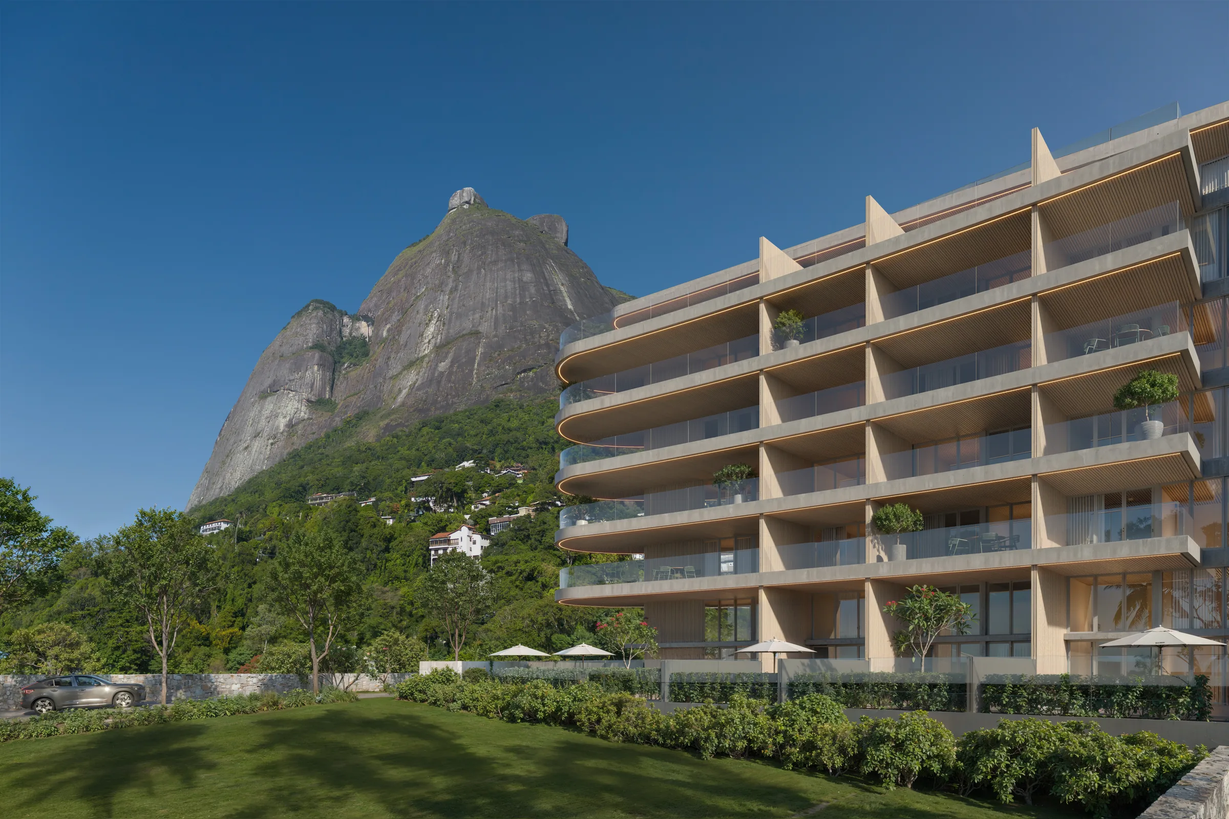 Vista Joá visto de frente, con la Pedra da Gávea elevándose justo detrás del edificio