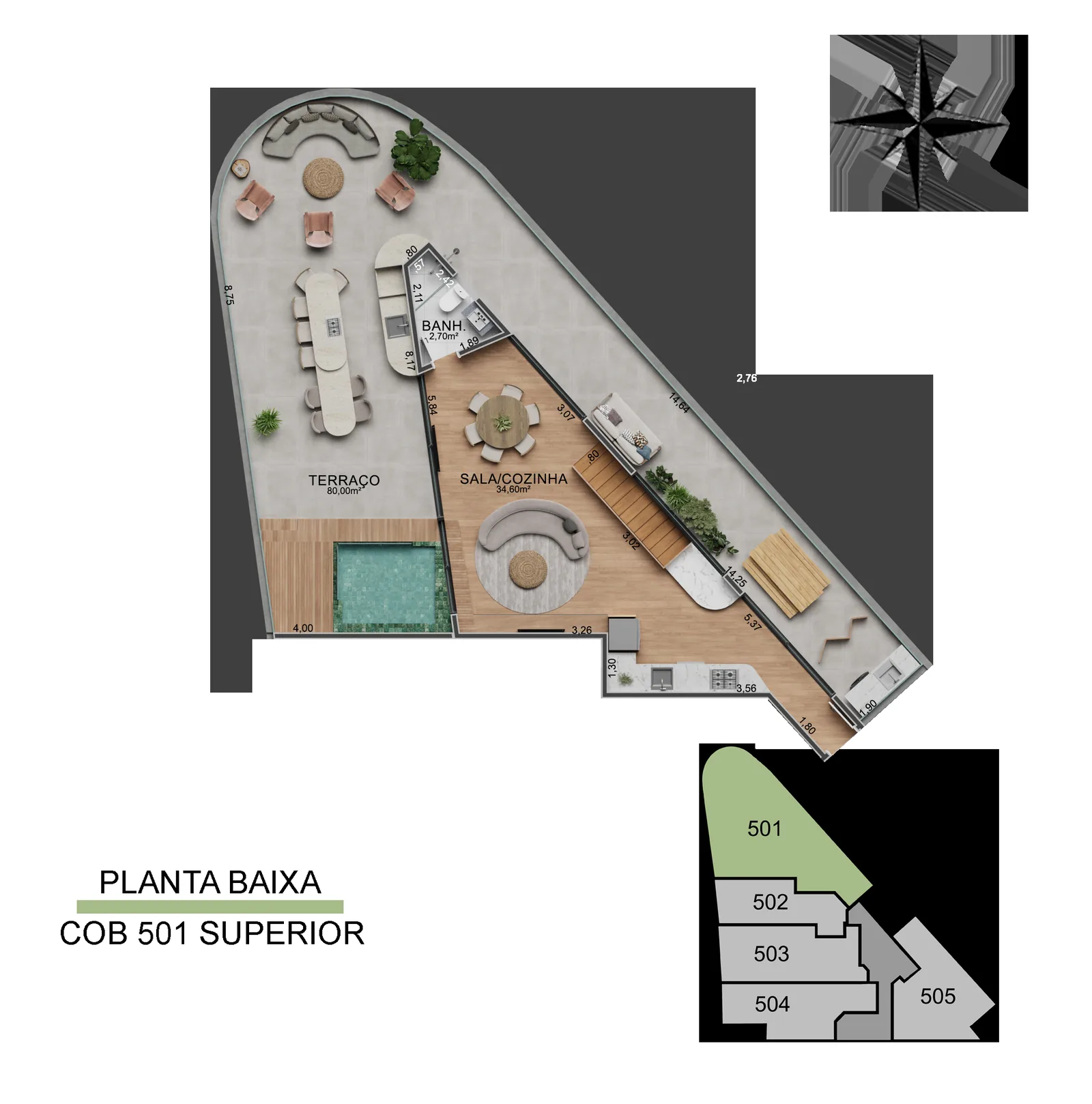 Cobertura de Vista Joá 501 — planta del nivel superior