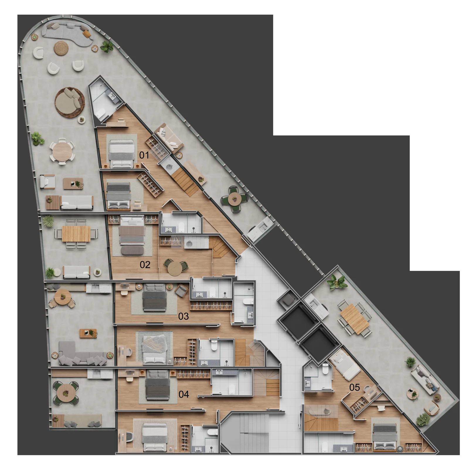 Vista Joá — masterplan del nivel inferior de las coberturas, unidades 501 a 505