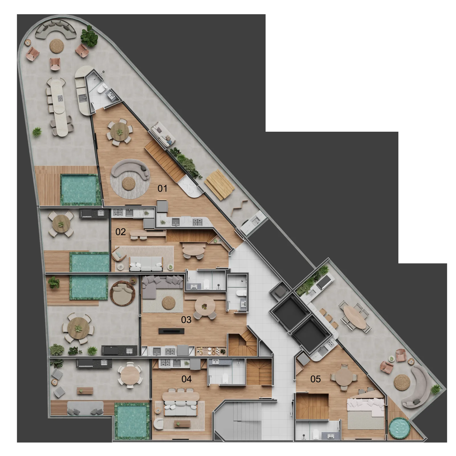 Vista Joá — masterplan del nivel superior de las coberturas, unidades 501 a 505
