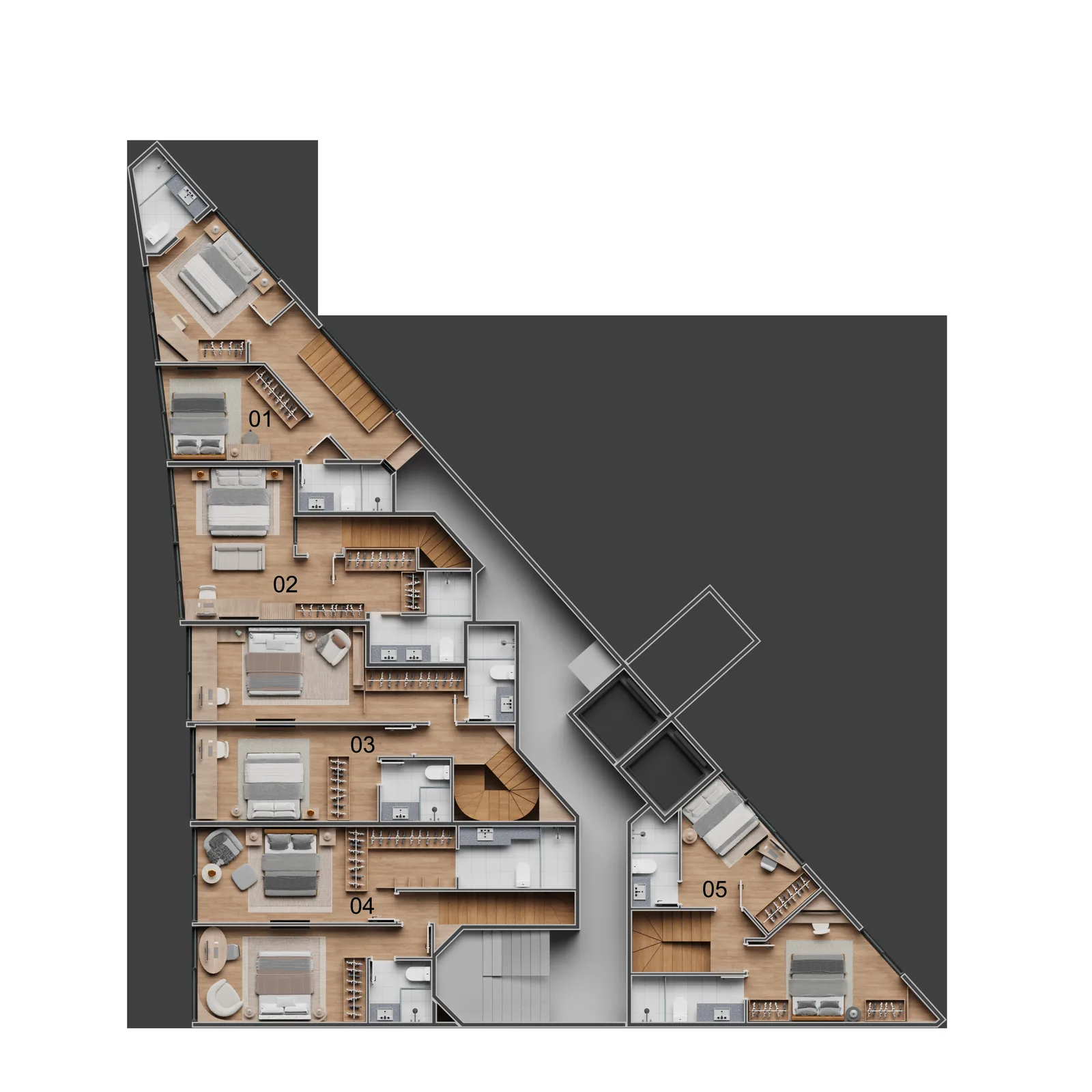 Vista Joá — masterplan del nivel de mezanine de los townhouses, unidades 101 a 105