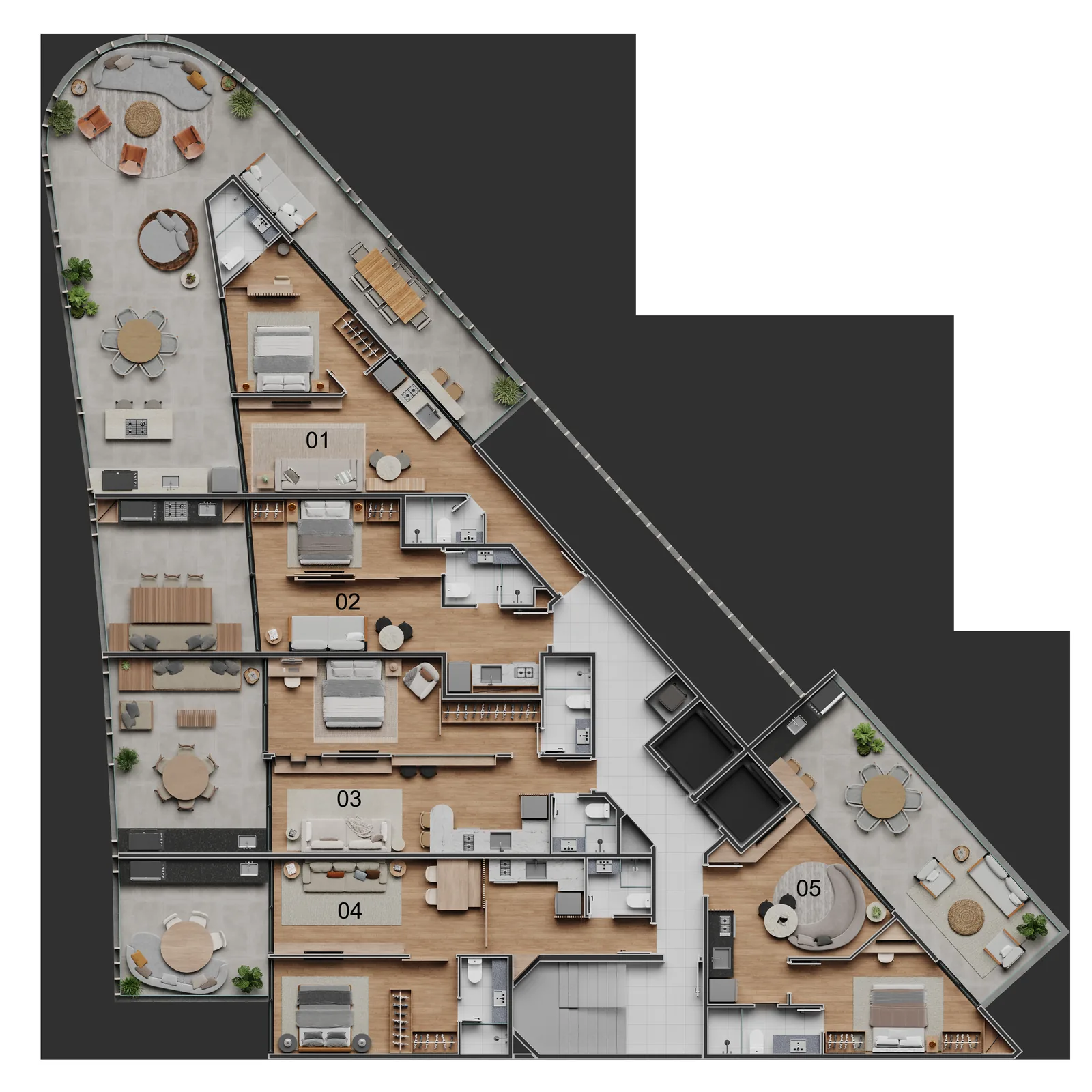 Vista Joá — masterplan de la planta tipo, cinco apartamentos por nivel