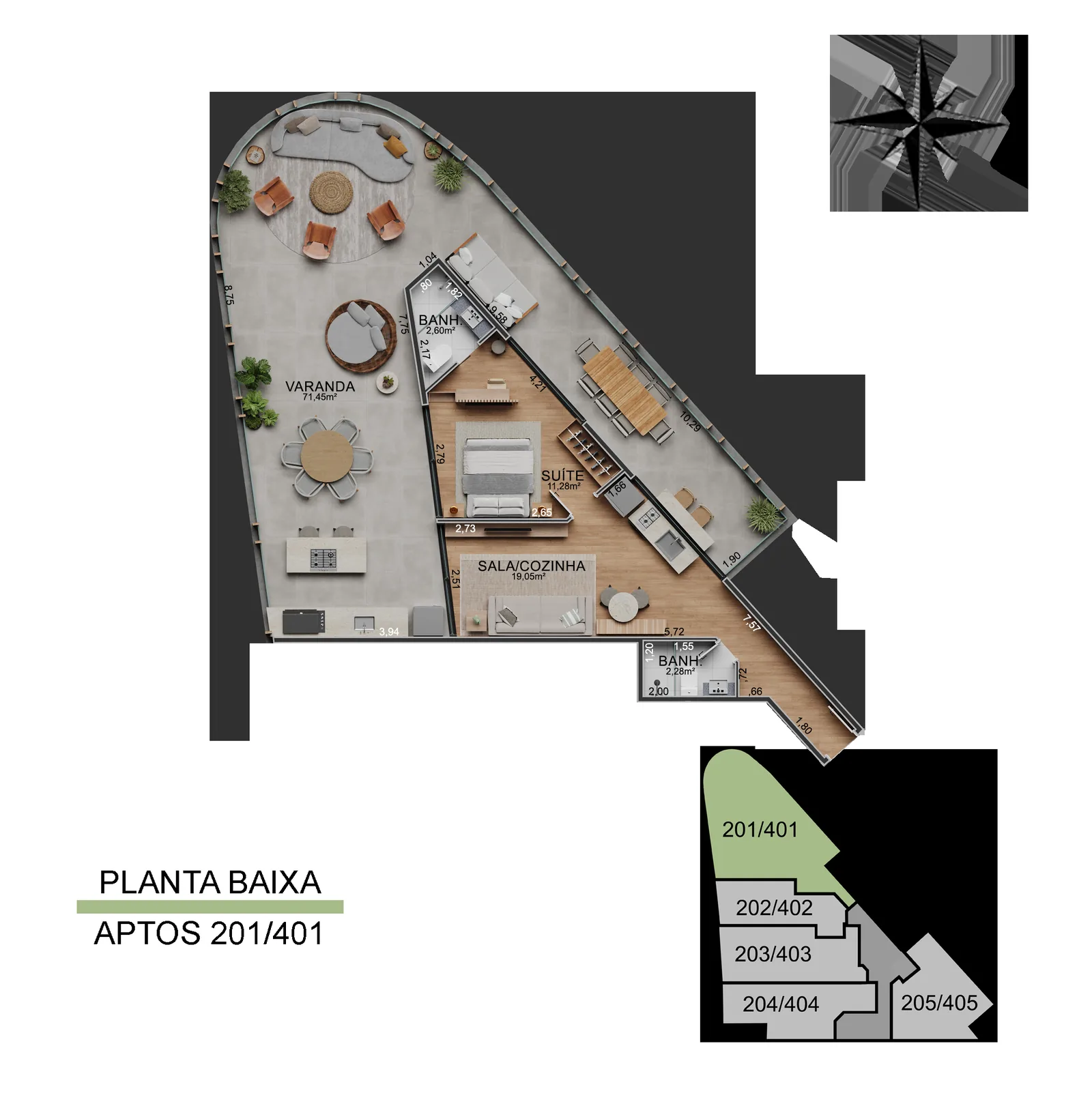 Vista Joá — planta de los apartamentos 201, 301 y 401, 112 metros cuadrados