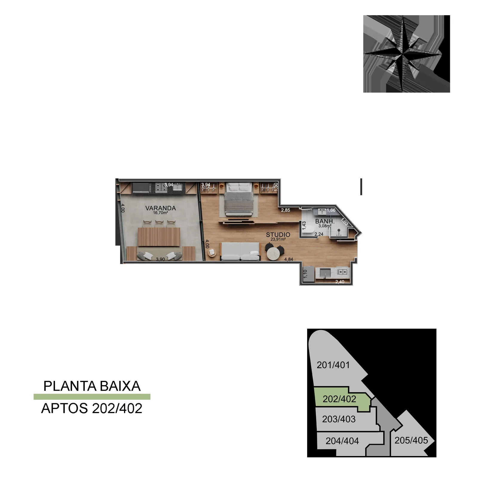 Vista Joá — planta de los estudios 202, 302 y 402, 46,70 metros cuadrados