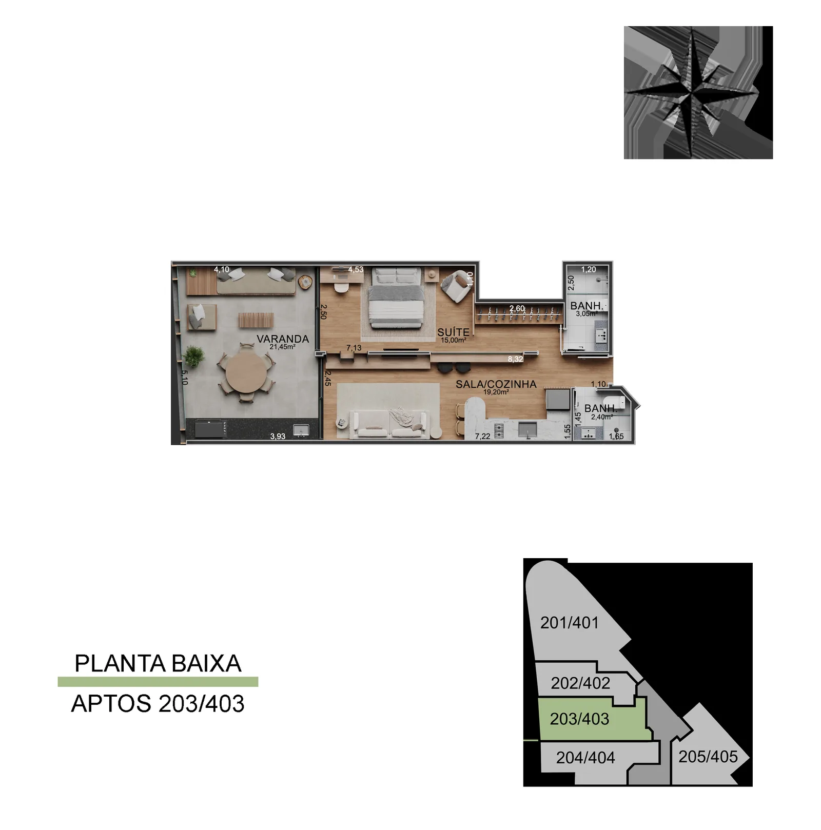 Vista Joá — planta de los apartamentos 203, 303 y 403, 65,30 metros cuadrados