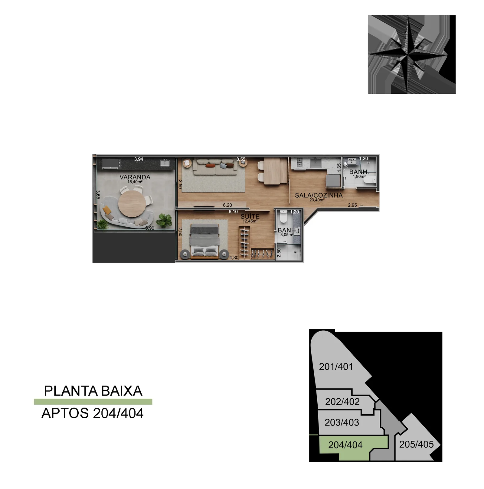 Vista Joá — planta de los apartamentos 204, 304 y 404, 60,10 metros cuadrados
