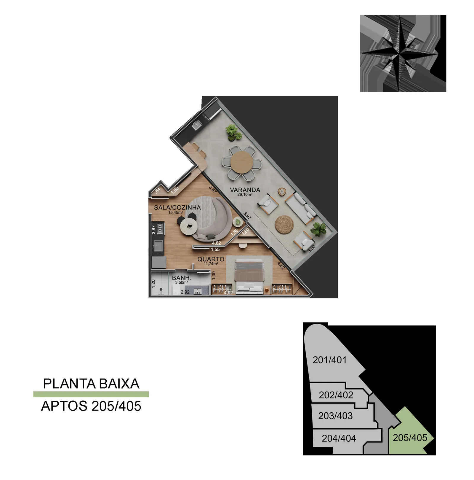 Vista Joá — planta de los apartamentos 205, 305 y 405, 63,15 metros cuadrados, orientados a la selva